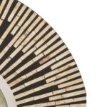 Decorative round wall clock with a black and gold sunburst frame and ribbed accents, ideal for modern and vintage interiors.