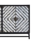 Wood sideboard with geometric-patterned doors and a black metal frame, ideal for modern and industrial-inspired interiors.