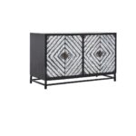 Wood sideboard with geometric-patterned doors and a black metal frame, ideal for modern and industrial-inspired interiors.