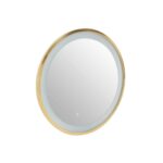 Modern round wall mirror with edge illumination and a gold frame, ideal for grooming and décor in contemporary interiors.