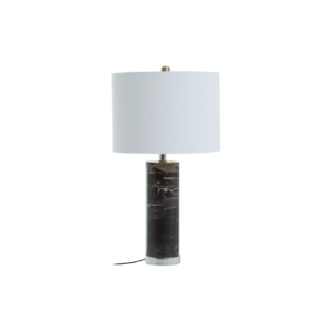 Sophisticated table lamp with a black marble column, chrome-finish base, and ivory shade, perfect for modern and industrial interiors.