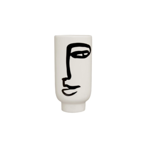 Large white ceramic vase with a cylindrical body and an abstract black face sketch for modern decor.