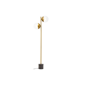 Elegant gold floor lamp with two clear glass globes and a black marble base, perfect for contemporary and mid-century modern interiors.