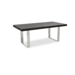 Modern dining table with a black elm wood rectangular top and U-shaped stainless steel legs for an industrial design.