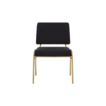 Black linen dining chair with a gold-finished metal frame, square padded backrest, and armless angular design.