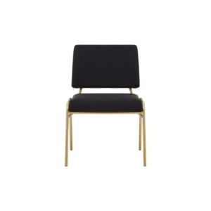 Black linen dining chair with a gold-finished metal frame, square padded backrest, and armless angular design.