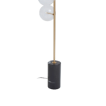 Sleek brass floor lamp with five spherical lampshades and a sturdy black marble base, ideal for contemporary interiors.