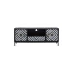 Modern wood TV unit with geometric-patterned doors, a drawer, and a black metal frame, ideal for contemporary living spaces.