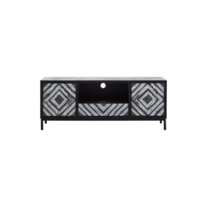 Modern wood TV unit with geometric-patterned doors, a drawer, and a black metal frame, ideal for contemporary living spaces.