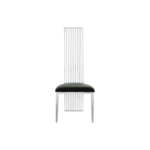 Tall dining chair with a metallic back, black faux leather seat, and sleek tapered legs.