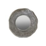 Large round mirror with a textured silver oak-inspired frame and sleek reflective glass surface.