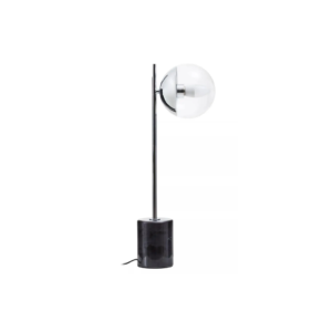 Compact silver table lamp with a clear glass globe and a black marble base, perfect for modern and minimalist interiors.