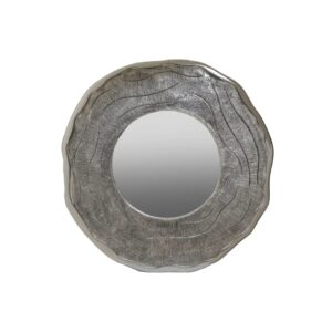 Large round mirror with a textured silver oak-inspired frame and sleek reflective glass surface.