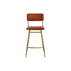 Tan leather barstool with vertical channel tufting and a sleek gold-finished angular iron frame.