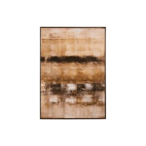 Modern abstract wall art with muted tones of white, brown, black, and gold, framed in natural wood with a black finish.