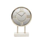 Modern clock with a mirrored face, silver frame, and white marble base, ideal for elegant desk or mantel decor.