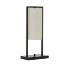 Stylish black table lamp with a rectangular frame and a suspended white cylindrical linen shade, perfect for modern and minimalist interiors.