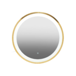 Modern round wall mirror with edge illumination and a gold frame, ideal for grooming and décor in contemporary interiors.