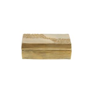 Gold-finished aluminum trinket box with a textured surface and distressed details for a vintage charm.