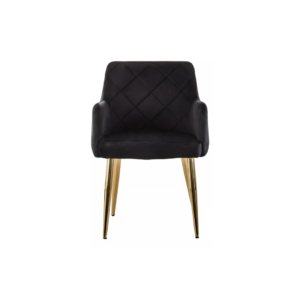 Black velvet dining chair with padded seat, quilted back, cocooning armrests, and gold splayed metal legs.