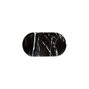 Oval black marble serving board with white veining, perfect for elegant dining and decor.