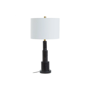 Sleek three-tiered table lamp with a black marble base, ivory shade, and warm metallic column, perfect for contemporary and modern interiors.