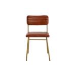 Tan leather dining chair with horizontal channel tufting and a sleek angular gold-finished iron frame.