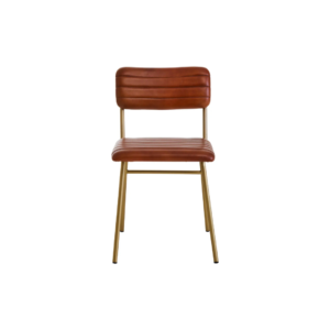 Tan leather dining chair with horizontal channel tufting and a sleek angular gold-finished iron frame.