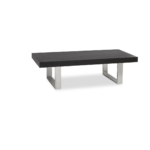 Black elm wood coffee table with a rectangular top and sturdy stainless steel legs for a modern industrial design.