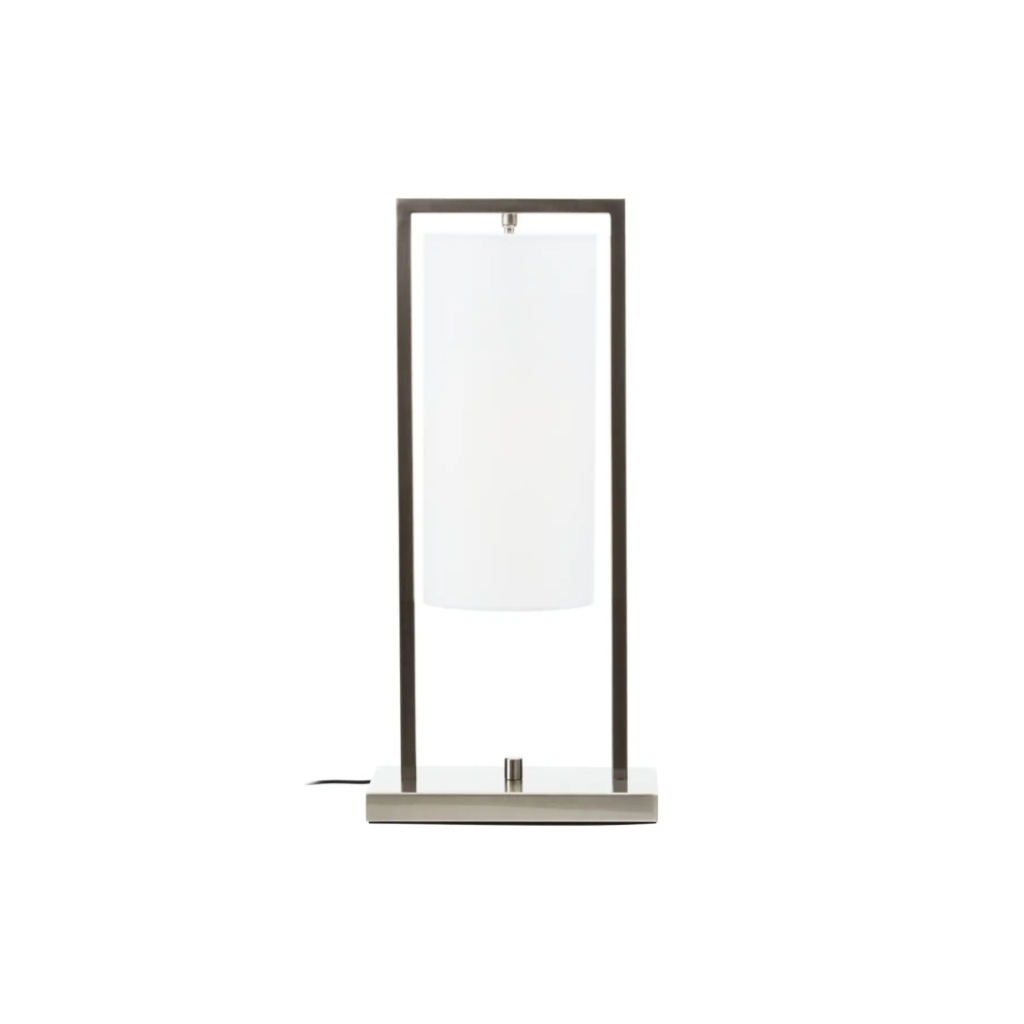 Minimalist silver table lamp with a satin nickel frame and a floating white cylindrical fabric shade, perfect for modern and Scandinavian interiors.