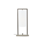 Minimalist silver table lamp with a satin nickel frame and a floating white cylindrical fabric shade, perfect for modern and Scandinavian interiors.