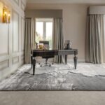 MILA Rug – modern black and silver abstract rug by The London Rug Company, featuring a plush 12mm pile height and high-density 640K point for superior comfort and durability.