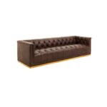 WARRICK Three-Seat Sofa in Mexico brown leather with button-tufted back and seat, supported by a sturdy oak wood base.