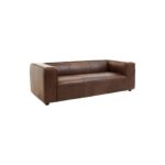 NOLAN Tan Three-Seater Sofa with genuine leather upholstery in Mexico brown, minimalist design with track arms and rubberwood legs.