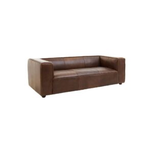 NOLAN Tan Three-Seater Sofa with genuine leather upholstery in Mexico brown, minimalist design with track arms and rubberwood legs.