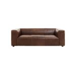 NOLAN Tan Three-Seater Sofa with genuine leather upholstery in Mexico brown, minimalist design with track arms and rubberwood legs.