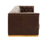 WARRICK Three-Seat Sofa in Mexico brown leather with button-tufted back and seat, supported by a sturdy oak wood base.