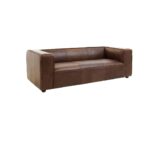 NOLAN Tan Three-Seater Sofa with genuine leather upholstery in Mexico brown, minimalist design with track arms and rubberwood legs.