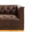 WARRICK Three-Seat Sofa in Mexico brown leather with button-tufted back and seat, supported by a sturdy oak wood base.