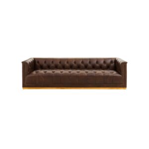 WARRICK Three-Seat Sofa in Mexico brown leather with button-tufted back and seat, supported by a sturdy oak wood base.