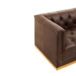 WARRICK Three-Seat Sofa in Mexico brown leather with button-tufted back and seat, supported by a sturdy oak wood base.