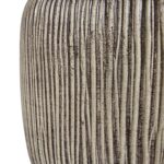 Ochre Carved Table Lamp with linen shade, featuring an artisanal ceramic base, perfect for rustic, boho, and farmhouse interiors.