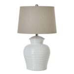 White Ceramic Pot Lamp with linen shade, featuring a textured ribbed base, perfect for rustic, farmhouse, and modern interiors.
