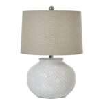 Squat White Beaded Ceramic Lamp with linen shade, perfect for coastal and boho-style interiors, adding texture and warmth to any space.