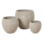 Set of three grey textured planters, ideal for indoor and outdoor plant displays.
