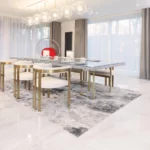 INAYA Rug – Abstract modern rug with cloud-like patterns in brown, white, and grey, crafted from plush polyester.