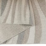 MARIE Rug – Elegant wave-patterned indoor/outdoor rug in soft greys, browns, and taupe, crafted from durable polyester.