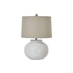 Squat White Beaded Ceramic Lamp with linen shade, perfect for coastal and boho-style interiors, adding texture and warmth to any space.