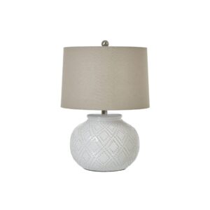 Squat White Beaded Ceramic Lamp with linen shade, perfect for coastal and boho-style interiors, adding texture and warmth to any space.
