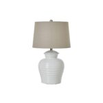 White Ceramic Pot Lamp with linen shade, featuring a textured ribbed base, perfect for rustic, farmhouse, and modern interiors.